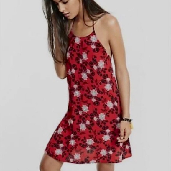 EXPRESS RED FLORAL TASSEL HALTER MINI DRESS BOHO GYPSY FLORAL DRESSS - Picture 3 of 16